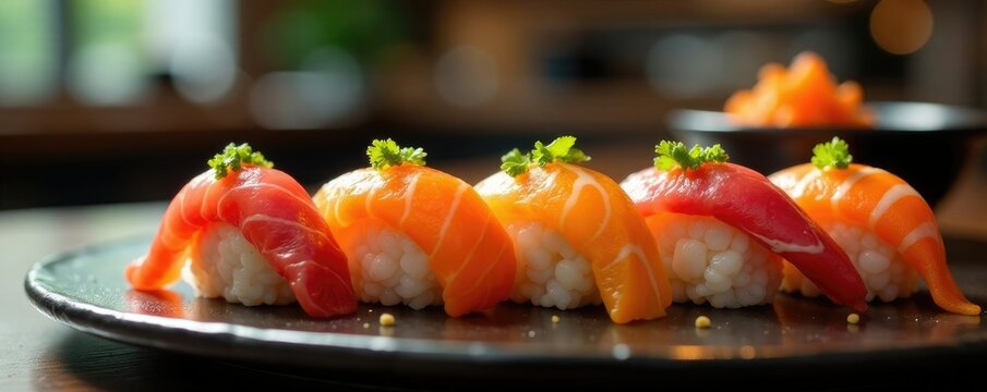 Varios colores arcoiris de sushi en un estante alto y minimalista, colorido, restaurante, sushi