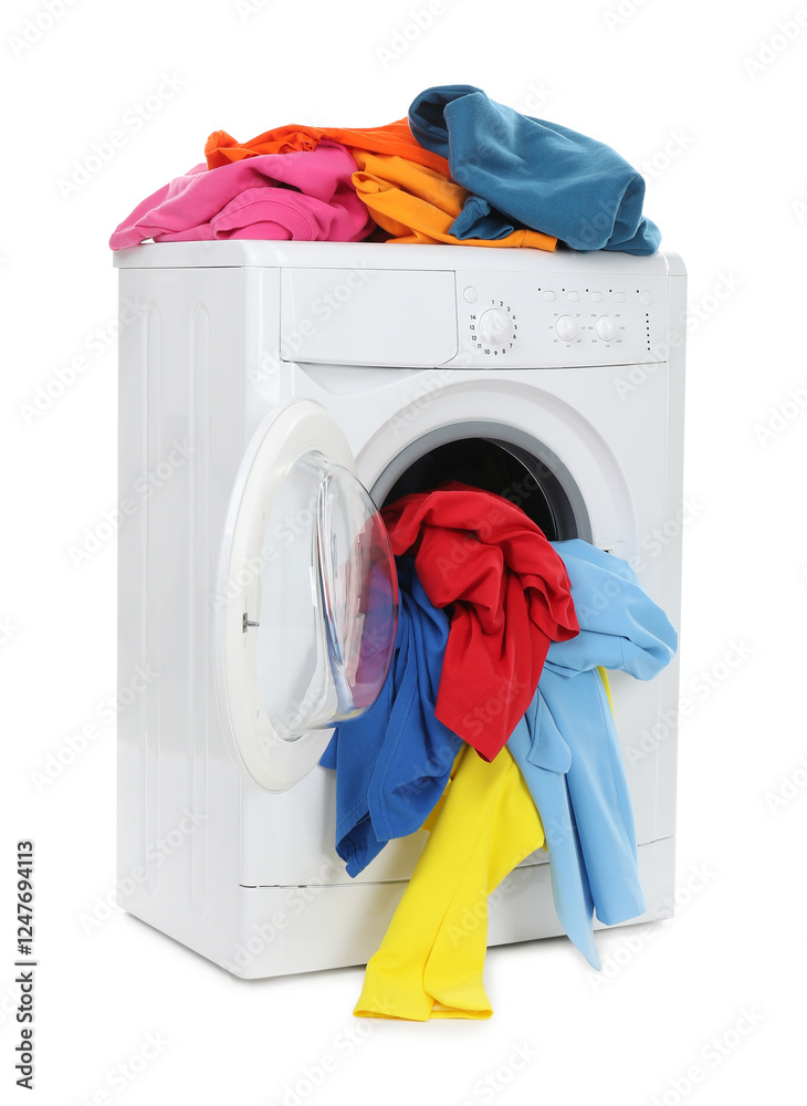 Wall mural Modern washing machine with colorful laundry isolated on white