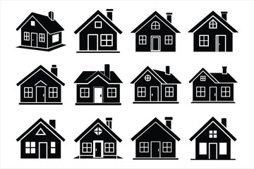 Set of monochrome house silhouette vector icon illustration on white background.
