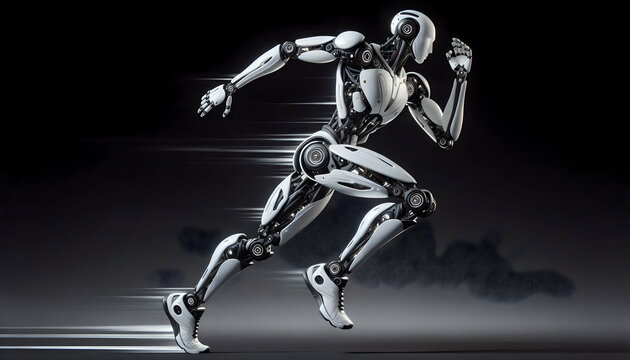 AI Robot A full-body shot of a dynamic AI robot running at full speed, with its futuristic white and black de4