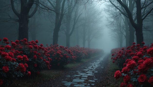 Misty gothic garden path lined with vibrant red roses. Ancient stone pathway winds through dense forest. Trees bare branches in soft foggy light. Romantic mood. Enchanting ambiance. Mystical fantasy