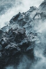 A close-up of volcanic rock formations, textured and steaming