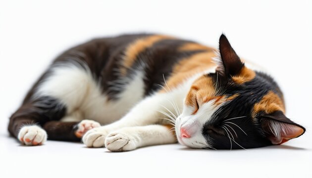 Calico cat rests peacefully on white background. Adorable pet with orange white, black fur. Tranquil scene perfect for pet lovers. Animal portrait ideal for domestic animal sites pet supply stores.