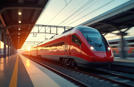 Fast train moves rapidly at railway station platform. Modern tech electric locomotive in motion. Sunset light illuminates station. No people on platform. High speed transit at urban area.