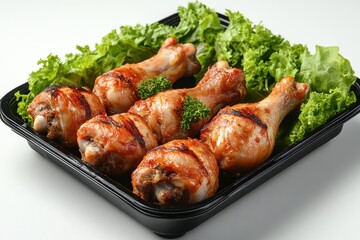Fototapeta premium Grilled Chicken Drumsticks on a Bed of Fresh Green Lettuce in a Black Tray