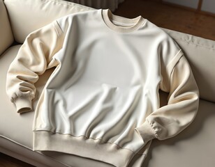 Blank beige, white sweatshirt lies on light beige couch. Empty black label on white area. Modern casual attire mockup. Stylish clothing piece. Unisex design template. Comfortable cotton material.