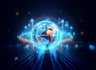 Fototapeta premium A glowing globe with digital blue lines radiating outwards and upwards. Arrows circle the earth, suggesting global connections and technological advancement in a dark space.
