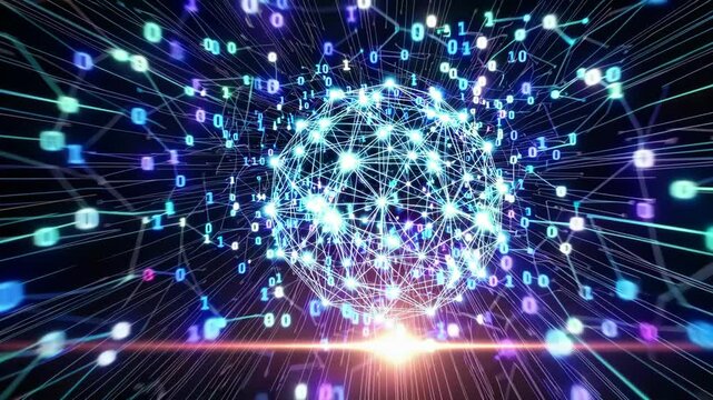 A luminous globe of interconnected data points emerges, showcasing vibrant neon colors and binary code streaming across a dark backdrop. This is a visual representation of digital connectivity.