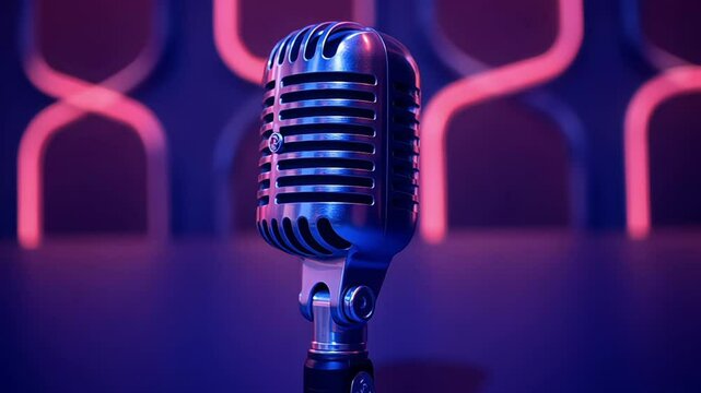 studio microphone with neon lights background, podcast, broadcasting, talkshow