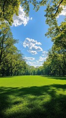 Obraz premium Discover a serene spring backdrop showcasing a vast, neatly trimmed lawn surrounded by towering, lush trees. The clear blue sky and gentle clouds enhance the beauty of this picturesque setting