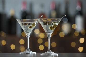 Martini cocktail with olives in glasses on wooden table against blurred background. Bokeh effect
