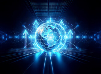 Obraz premium A glowing blue globe surrounded by digital lines and arrows on a dark backdrop. Represents global technology, network, and futuristic connection.