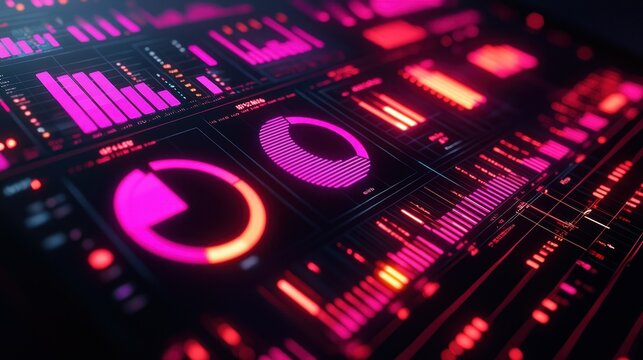 Digital dashboard displays financial data; glowing charts and graphs; stock market analysis
