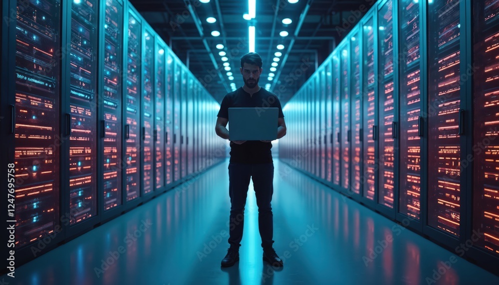 Poster tech guru stands in futuristic data center. person holds laptop. server racks with digital lights. s
