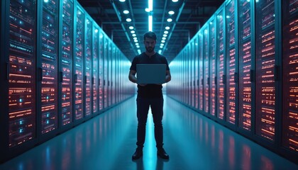 Tech guru stands in futuristic data center. Person holds laptop. Server racks with digital lights. Streamlined digitalization. Data processing. Cutting edge vision tech. Cloud computing. Web service