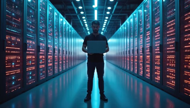 Tech guru stands in futuristic data center. Person holds laptop. Server racks with digital lights. Streamlined digitalization. Data processing. Cutting edge vision tech. Cloud computing. Web service