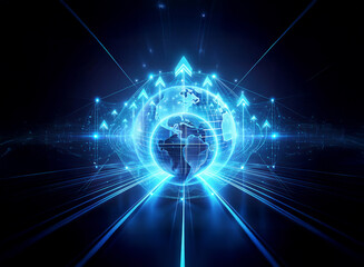 Fototapeta premium Illuminated blue globe with upward arrows and radiant beams. Network lines connect to world, symbolizing global tech and connection.