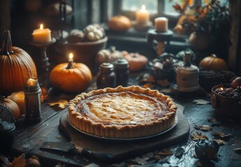 Warm and Inviting Pumpkin Pie Surrounded by Autumn Decor, Candles, and Seasonal Elements in a Cozy Rustic Setting
