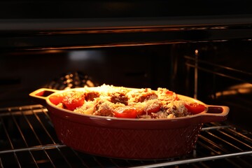 Uncooked pasta casserole with cheese, tomatoes and minced meat in baking dish in oven, closeup