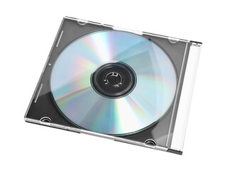 Shiny compact disc in jewel case isolated on white