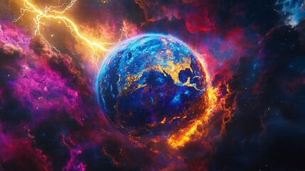 A stunning cosmic vista of a fiery planet amidst a vibrant nebula and lightning
