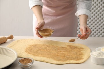 Making cinnamon rolls. Woman adding spice with sugar into dough at white wooden table, closeup