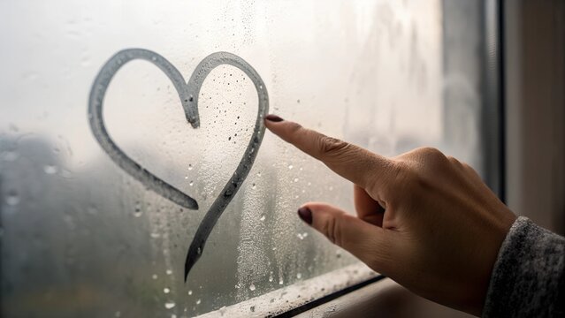 A finger drawing a heart shape on a fogged-up window with water droplets, symbolizing love, nostalgia, romance, and warm emotions.