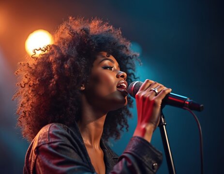 Black female singer passionately performs on stage. Sings with microphone. Stage lighting dramatic. Nightclub atmosphere. Concert show. Focus on expression, performance. Curly hair.