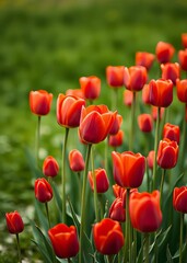 Many red tulips on a green background bokeh green bokeh green abstract background light bright blur pattern