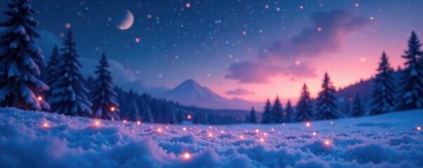 Naklejka premium Abstract gradient overlay on a snowy landscape with glittering stars and bokeh lights, bokeh lights, starry night