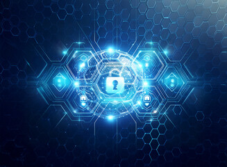 Futuristic digital security visualization.  A glowing padlock is centered within abstract blue...