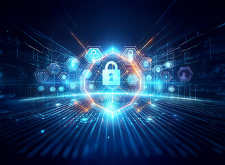 Futuristic digital security concept with a central padlock surrounded by glowing icons. The image represents cyber protection and data safety in a digital network.