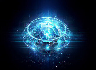 A glowing blue globe, encircled by digital rings, floats against a dark backdrop.  Abstract lines and particles suggest technology, connectivity and a futuristic, global network concept.