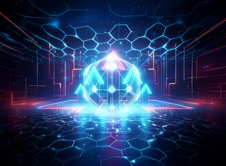 Futuristic digital space with vibrant blue and orange geometric shapes.  Upward arrows and hexagonal patterns create a sense of technological advancement.