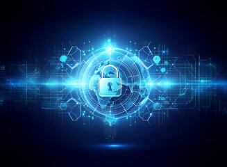 Digital security concept with a blue glowing padlock over a stylized globe, symbolizing global data protection in a futuristic network.