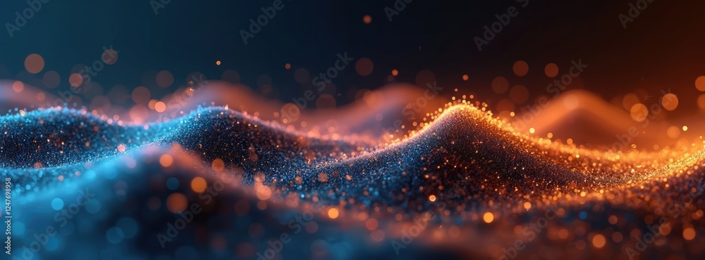 Fototapete Abstract digital tech wave with blue, orange glowing particles. Dynamic energy flows across surface. Modern design. Abstract tech background. Futuristic pattern. Stylish design for wallpaper.