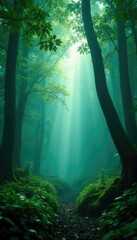 Obraz premium An ethereal mist shrouding the forest canopy above, wild, foliage, leaves