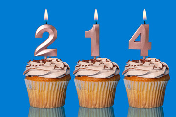 Birthday Cupcakes With Candles Lit Forming The Number 214.