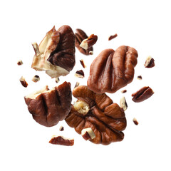 Broken pecan nuts in air on white background