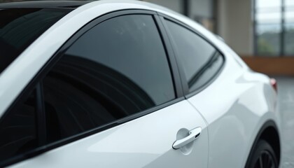 Close up of white car side window with dark tint. Ceramic film protects from heat, UV rays. Pro auto service shop likely installed film. Car window installation shown. Modern car care, protection