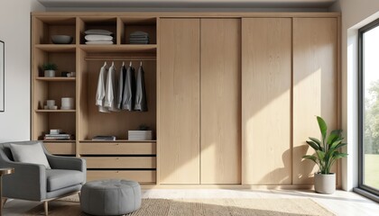 Modern Scandinavian walk in closet with light wood furniture. Wardrobe with sliding doors, shelves. Clothes, accessories neatly organized. Cozy armchair, pouf in minimalist room. Natural light