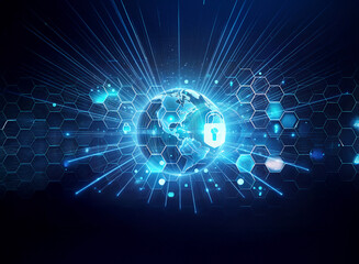 A digital globe with glowing blue lines radiates outwards on a dark background with hexagon patterns. A lock icon is visible on the earth, suggesting global network security and connection.