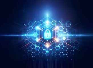 Glowing digital padlock in center with hexagonal shapes and glowing lines in blue and orange hues against a dark backdrop, representing security concept.