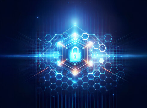 Glowing digital padlock in center with hexagonal shapes and glowing lines in blue and orange hues against a dark backdrop, representing security concept.