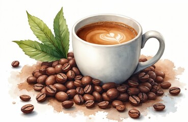 Fototapeta premium Watercolor illustration of coffee cup with latte art, coffee beans. Freshly brewed coffee presented in white cup on top of scattered coffee beans. Green coffee leaves add touch of nature. Hand-drawn