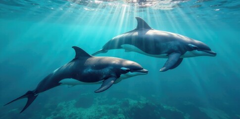 Fototapeta premium Ballenas nadando en la distancia a trav?s del mar cristalino, sea, oceans