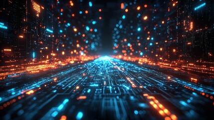 Obraz premium Digital highway, glowing data stream, futuristic city backdrop, tech concept