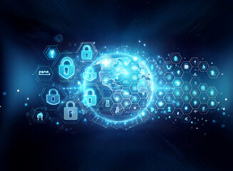 Futuristic digital globe surrounded by glowing security icons, locks, and network symbols in blue hues, representing global digital protection and secure connections.