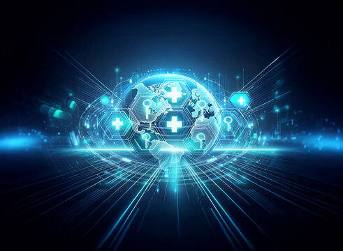 Abstract digital globe with medical plus signs radiates blue light on a dark background, symbolizing global healthcare and technology.