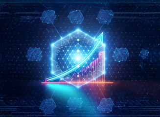 A luminous hexagon displays a rising bar graph and arrow, symbolizing growth.  Set against a dark blue backdrop with hexagonal patterns, it evokes a futuristic, digital, and technological atmosphere.